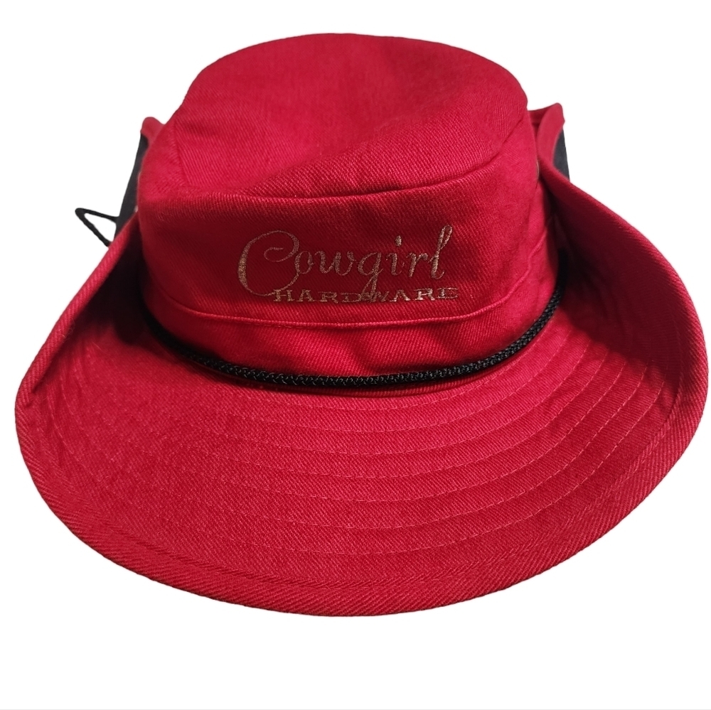 Cowboy Hardware red bucket hat.‎ "Cowgirl Hardware". Optional snap button sides.